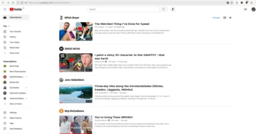 En skärmbild med webbläsaren Firefox, som visar min startsida på YouTube, vilket är vyn med det senaste innehållet från mina prenumerationer.