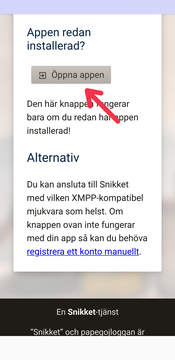 Snikkets webbportal - Länk till att öppna appen